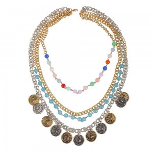 Latest Fashion New Famous Exaggerated Retro Punk Coin Necklace Cool Metal Mix Match multilayer beads Necklace wholesale