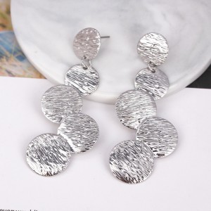 Europe and America Exaggerated Disc Round Coin Drop Earring for Women Vintage Long Uneven Drawing Wafer Metal Earrings