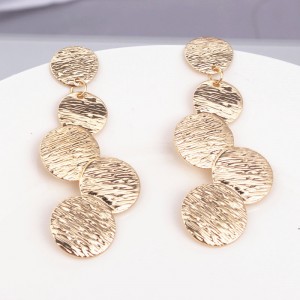 Europe and America Exaggerated Disc Round Coin Drop Earring for Women Vintage Long Uneven Drawing Wafer Metal Earrings