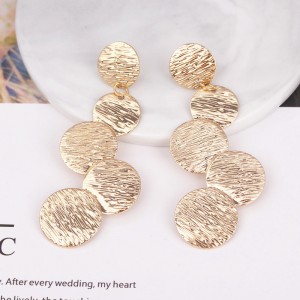 Europe and America Exaggerated Disc Round Coin Drop Earring for Women Vintage Long Uneven Drawing Wafer Metal Earrings