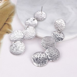 Europe and America Exaggerated Disc Round Coin Drop Earring for Women Vintage Long Uneven Drawing Wafer Metal Earrings