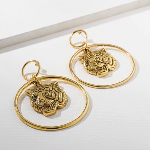 Punk Street Fashion Exaggerated Tiger Circle Big Dangle Earrings For Women Vintage Gold Animal Statement Earring Party Jewelry