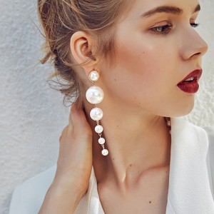 Trendy Elegant Created Big Simulated Pearl Long Earrings Pearls String Statement Drop Earrings For Women Wedding Party Gift