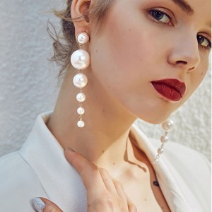 Trendy Elegant Created Big Simulated Pearl Long Earrings Pearls String Statement Drop Earrings For Women Wedding Party Gift